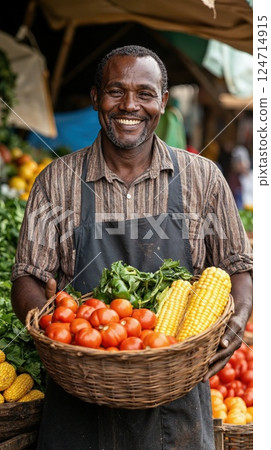 Vibrant market scene with smiling vendor holding fresh vegetables and corn display 124714915