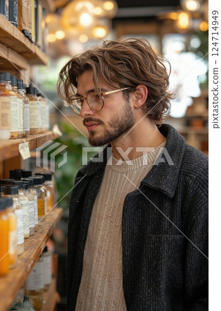 Stylish young man shopping in trendy organic skincare store with cozy atmosphere 124714949