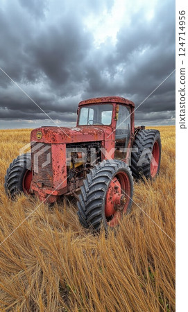 Vintage red tractor in dramatic wheat field under stormy skies for rural and agricultural themes Vintage red tractor in dramatic wheat field under stormy skies for rural and agricultural themes 124714956