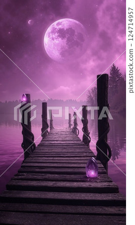 Mystical moonlit lakeside pathway with lavender sky and enchanting crystal glow Mystical moonlit lakeside pathway with lavender sky and enchanting crystal glow 124714957