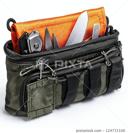 Versatile outdoor survival kit with tactical tools and knife roll in compact organizer pouch for adventure and camping 124715108