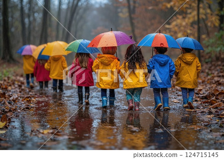 Colorful childhood adventure in autumn rainforest with umbrellas and jackets 124715145