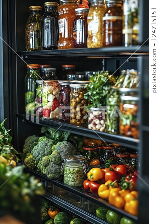 Vibrant vegetable pantry with fresh herbs and jarred preserves for sustainable kitchen inspiration 124715151