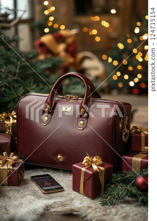 Elegant holiday gift scene with leather bag and festive decor for christmas shopping inspiration 124715154