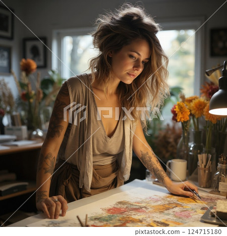 Creative artist in serene studio environment exploring abstract expression on canvas 124715180