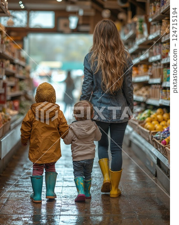 Cozy family outing in supermarket aisle on rainy day with colorful boots and casual wear 124715194