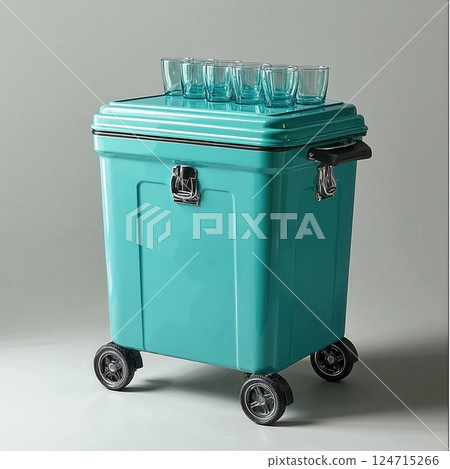 Sleek teal mobile cooler with glasses for stylish outdoor gatherings and fun events 124715266