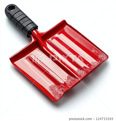 Vibrant red snow shovel with black handle for winter maintenance and snow removal efficiency 124715293