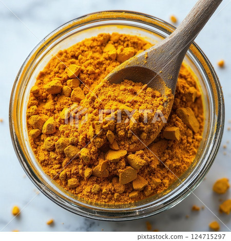 Vibrant turmeric spice in rustic glass bowl with wooden spoon on marble surface - culinary craft for kitchens and cooking inspiration 124715297
