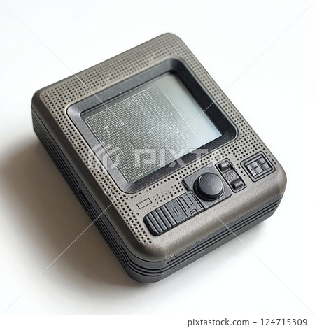 Vintage electronic handheld game device on white background retro design concept 124715309