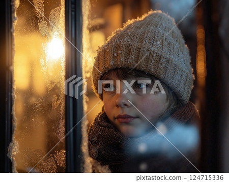 Winter reflection: cozy childhood moments by frosted window in warm knitwear Winter reflection: cozy childhood moments by frosted window in warm knitwear 124715336
