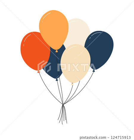 Bundle of colorful balloons with strings, floating party decoration in simple doodle style, birthday celebration icon. Flat vector illustration isolated on white background. Bundle of colorful balloons with strings, floating party decoration in simple doodle style, birthday celebration icon. Flat vector illustration isolated on white background. 124715913