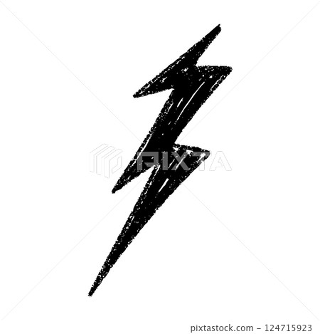 Hand-drawn lightning bolt icon with electric energy effect. Cartoon thunderbolt sketch, power flash symbol or doodle sign. Flat vector illustration isolated on white background. 124715923