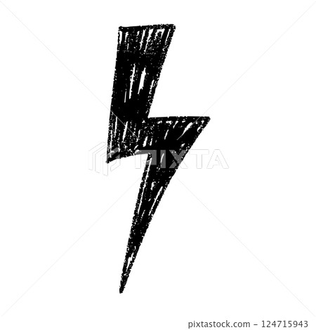 Hand-drawn lightning bolt icon with electric energy effect. Cartoon thunderbolt sketch, power flash symbol or doodle sign. Flat vector illustration isolated on white background. 124715943