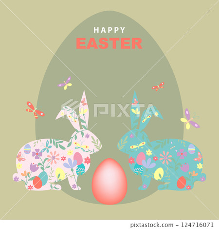 Banner of Easter bunny, hand drawn flat design Happy Easter flowers, eggs and butterflies, in pastel colors style. Vector illustration on vintage colors background with copy space 124716071