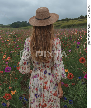 Woman walking through colorful flower field wearing a floral dress and straw hat Woman walking through colorful flower field wearing a floral dress and straw hat 124716263