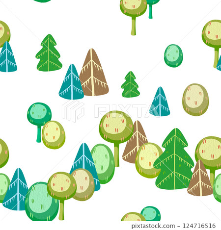 Seamless pattern of cartoon forest. Minimalist childish stylized trees, firs and bushes, without a background. Perfect for printing on fabric, clothes, wallpapers, carpets, wrap paper packages, etc. Seamless pattern of cartoon forest. Minimalist childish stylized trees, firs and bushes, without a background. Perfect for printing on fabric, clothes, wallpapers, carpets, wrap paper packages, etc. 124716516