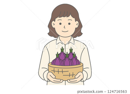 一位女士拿著洋蔥的插圖 124716563