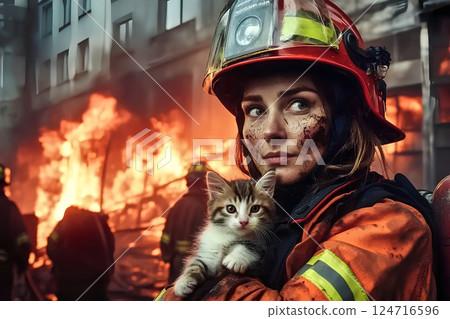 A courageous woman firefighter holding a rescued cat in her arms, surrounded by flames, showcasing bravery and compassion in the face of danger A courageous woman firefighter holding a rescued cat in her arms, surrounded by flames, showcasing bravery and compassion in the face of danger 124716596