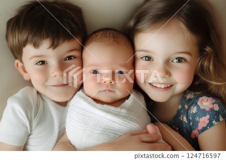 A heartwarming portrait of three cheerful children, a boy and two girls, smiling and looking at the camera, capturing pure joy and innocence 124716597