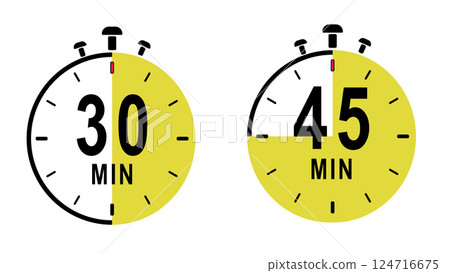 Stopwatch Displays Time Intervals of Thirty and Forty-Five Minutes for Precise Timing Tasks Stopwatch Displays Time Intervals of Thirty and Forty-Five Minutes for Precise Timing Tasks 124716675