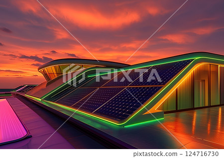 A clear view of solar panels installed on the roof of a modern building, highlighting sustainable energy solutions and eco-friendly architecture 124716730