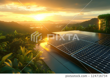 Solar panels on the roof of a modern building with a stunning sunset in the background, emphasizing renewable energy and sustainable living in a beautiful setting 124716734