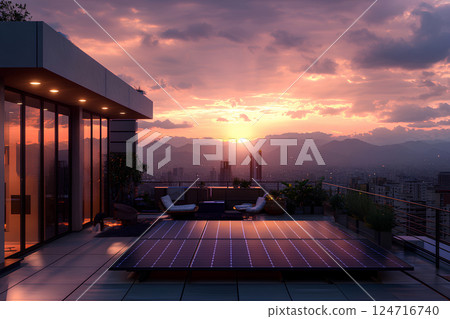 A beautiful sunset view from the terrace of a modern house with solar panels, highlighting eco-friendly living and sustainable energy in a serene, breathtaking setting A beautiful sunset view from the terrace of a modern house with solar panels, highlighting eco-friendly living and sustainable energy in a serene, breathtaking setting 124716740