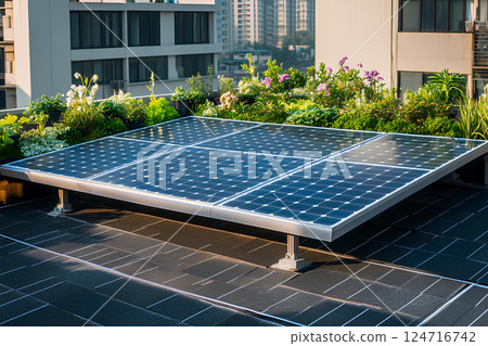 Solar panels installed on the roof of a residential building in the city, showcasing a blend of urban living and sustainable energy solutions for eco-conscious homeowners Solar panels installed on the roof of a residential building in the city, showcasing a blend of urban living and sustainable energy solutions for eco-conscious homeowners 124716742