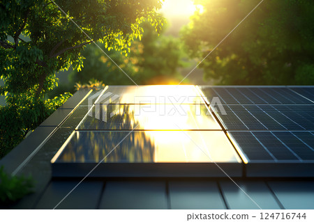 Solar panels installed on the roof of a house, providing an eco-friendly and sustainable energy source for the home while reducing environmental impact Solar panels installed on the roof of a house, providing an eco-friendly and sustainable energy source for the home while reducing environmental impact 124716744