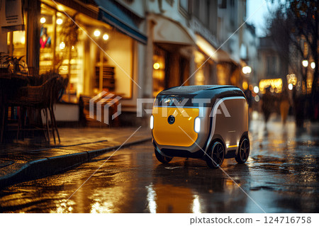 An eco-friendly electric self-driving car driving through a rainy street at night, reflecting the future of autonomous and sustainable transportation in urban environments An eco-friendly electric self-driving car driving through a rainy street at night, reflecting the future of autonomous and sustainable transportation in urban environments 124716758