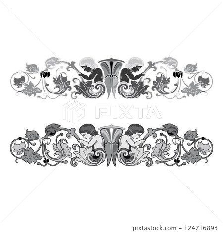 Retro chapter dividers swirl floral and cherub ornament bookmarks sketch set Retro chapter dividers swirl floral and cherub ornament bookmarks sketch set 124716893