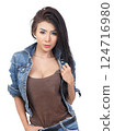 beautiful asian woman model wearing jeans fashion for everyday with white background 124716980