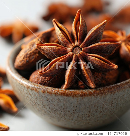 Rustic anise star arrangement in ceramic bowl for culinary and aromatherapy themes 124717036