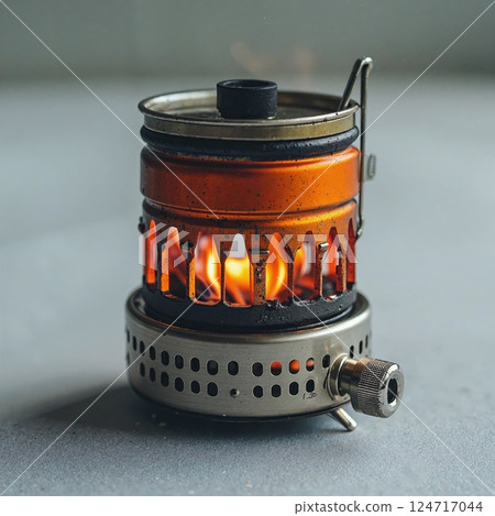 Rustic camping stove with vintage design and flickering flames for outdoor adventures and backpacking gear inspiration 124717044