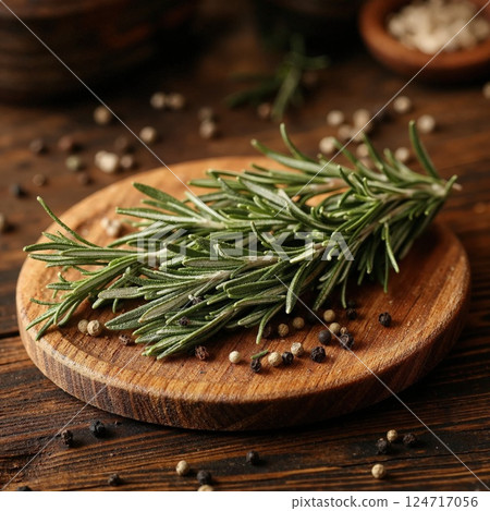 Rustic culinary herb arrangement: fresh rosemary and peppercorns on wooden board for gourmet cooking 124717056