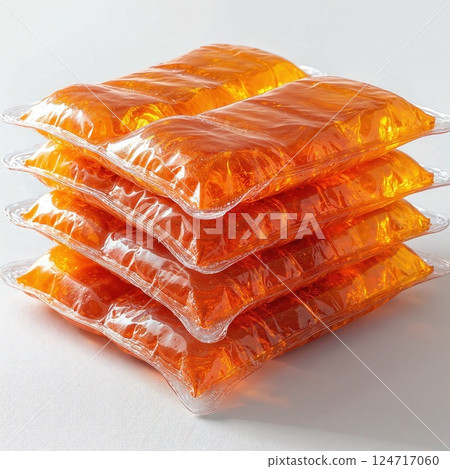 Stack of glossy orange gel packs for modern thermal therapy and innovative design concepts 124717060