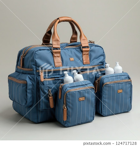 Trendy blue and brown baby diaper bag set with accessories for stylish parents Trendy blue and brown baby diaper bag set with accessories for stylish parents 124717128