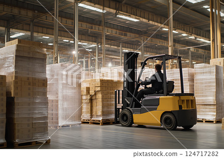 A man efficiently operating a forklift to transport pallets of materials in a warehouse or industrial setting, showcasing skill and precision in logistics 124717282