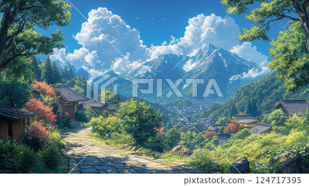 A Japanese mountain village drawn in the style of an anime and a magnificent mountain range against a blue sky A Japanese mountain village drawn in the style of an anime and a magnificent mountain range against a blue sky 124717395