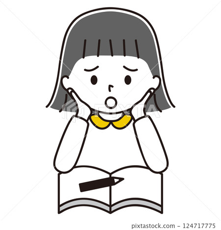Illustration of a girl holding a notebook and a pencil, hands on cheeks, black hair 124717775