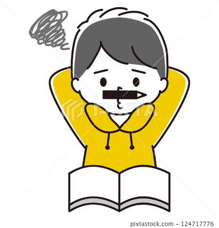 一個男孩用鼻子和嘴巴夾著一支鉛筆,雙手放在頭後面,一頭黑髮,一頭憂鬱的黑髮 一個男孩用鼻子和嘴巴夾著一支鉛筆,雙手放在頭後面,一頭黑髮,一頭憂鬱的黑髮 124717776