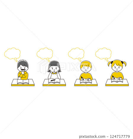 一群孩子帶著苦惱的表情思考的插圖 一群孩子帶著苦惱的表情思考的插圖 124717779