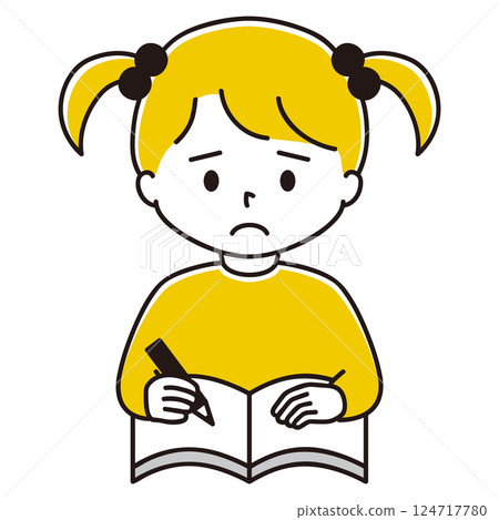 Illustration of a girl holding a pencil and opening a notebook Illustration of a girl holding a pencil and opening a notebook 124717780
