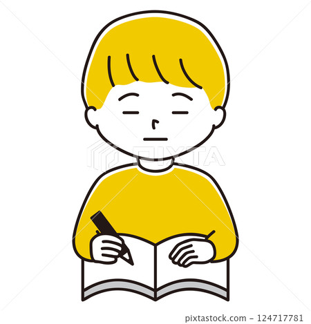 Illustration of a boy holding a notebook and a pencil. Expressionless and thoughtless. Illustration of a boy holding a notebook and a pencil. Expressionless and thoughtless. 124717781