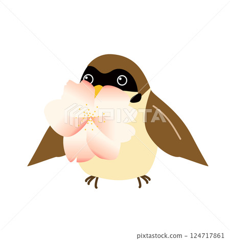 A sparrow holding a cherry blossom in its mouth 124717861