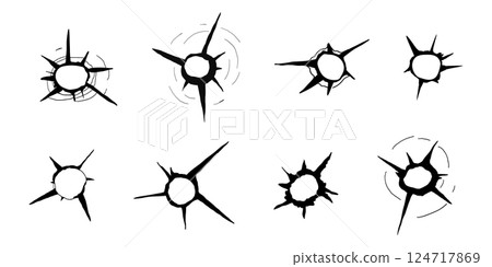 Bullet hole gun shot weapon mark silhouette, impact gun, bullet hole gunshot. Damage from shoot. Bullet hole gun shot weapon mark silhouette, impact gun, bullet hole gunshot. Damage from shoot. 124717869
