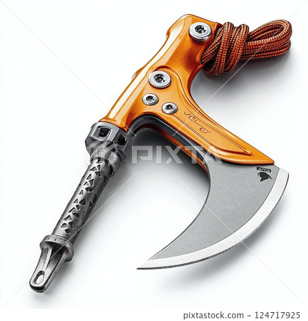 Modern tactical ice axe with sleek orange handle and paracord for extreme sports and outdoor adventures 124717925