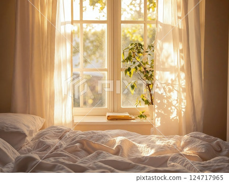 Serene morning light through bedroom window with cozy bedding and fresh greenery 124717965