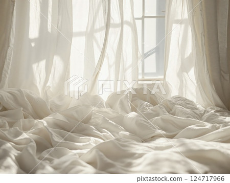 Serene morning light through flowing curtains in cozy bedroom setting for interior inspiration 124717966